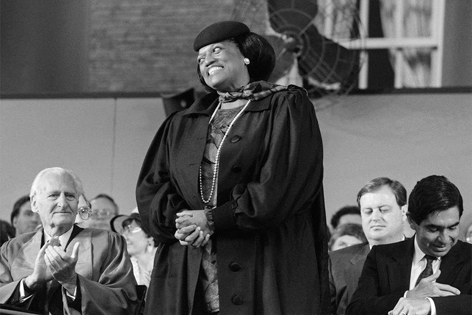 Four-time Grammy Award-winning American opera singer Jessye Norman acknowledges applause while standing to receive her honorary degree in 1988. A dramatic soprano, Norman is a successful performer of classical music especially known for her Wagnerian repertoire. Photo by Joe Wrinn
