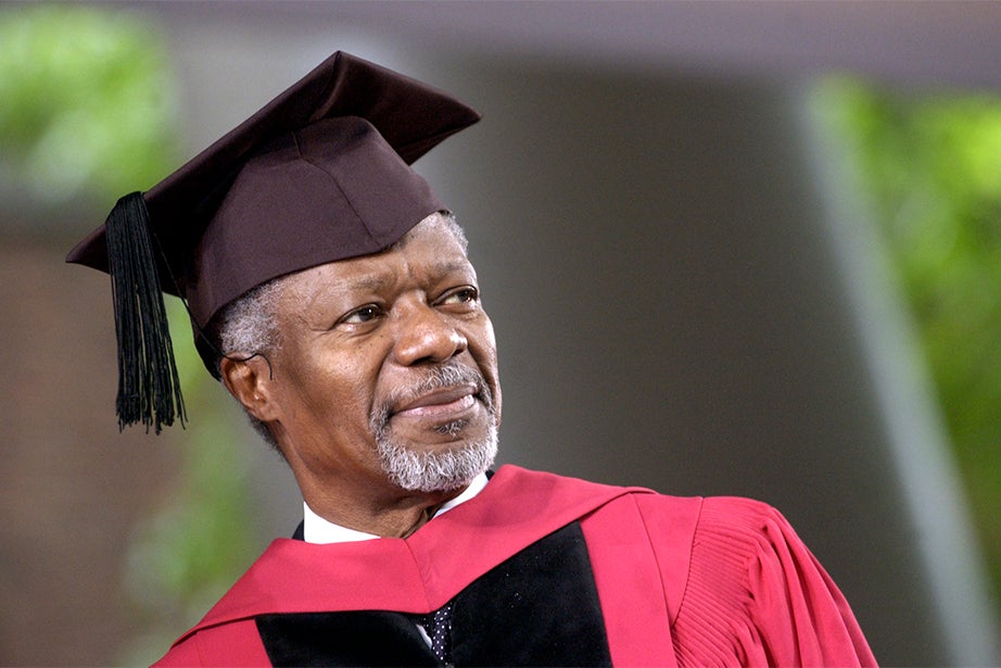 Secretary-General of the United Nations Kofi A. Annan stands to receive his honorary degree in 2004. Annan is a Ghanaian diplomat who served as the seventh secretary-general of the United Nations. He and the United Nations were co-recipients of the 2001 Nobel Peace Prize. Stephanie Mitchell/Harvard Staff Photographer