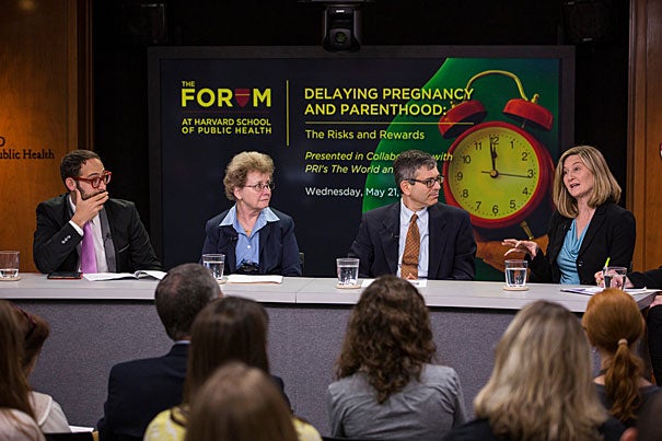 Experts I. Glenn Cohen (from left), Marie McCormick, Jeffrey Ecker, and Alison Earle discussed the risks and rewards of delaying parenthood during a panel at the Harvard School of Public Health.