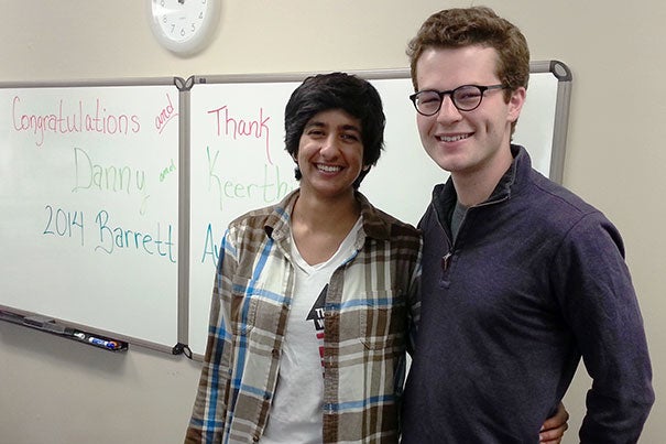 Keerthi Reddy ’14 (left) and Daniel Wilson '14 were honored by the Bureau of Study Counsel for the inspiration and dedication they brought to Room 13, a peer counseling organization at Harvard. 