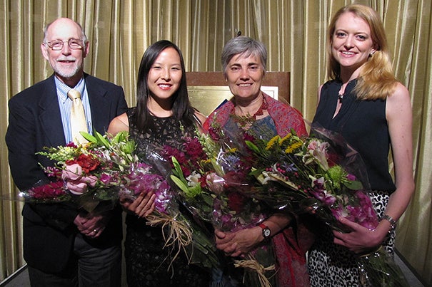 Interim Dean of Harvard College Donald Pfister (from left) joined Amy Yin '14 and Zipcar founder Robin Chase during the 2014 Harvard College Women’s Leadership Awards ceremony. Kate Meakem '14 was awarded an honorable mention.