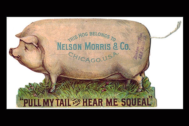 "The Art of American Advertising, 1865-1910” includes novelty items like this pull-string trade card for Nelson Morris & Co. sugar-cured hams from the Bates Trade Card Collection (photo 1); and babies angle for a meal in this Wells, Richardson & Co. trade card for Lactated Food (photo 2). 