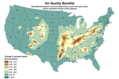 The maps (images 1, 2), which depict the benefits of reducing co-pollutants of sulfur dioxide and nitrogen oxides, are a close approximation of the clean air benefits the EPA standards are likely to achieve.