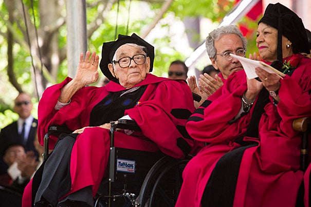 Seymour Slive (left) was awarded an honorary degree during Harvard's 363rd Commencement in May. Slive passed away in June. Among his many roles at Harvard, Slive was a former director of the Fogg Art Museum. 