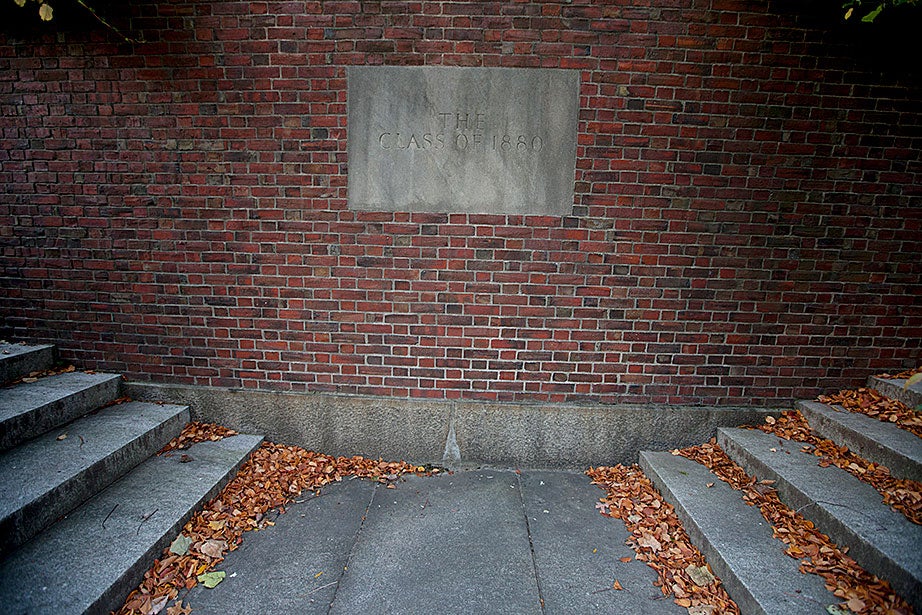 According to a spring 2000 Harvard Magazine article, during the revolutionary days of 1969, this Massachusetts Avenue entrance to the Dudley Garden was closed “on account of various naughtinesses occurring within.”  