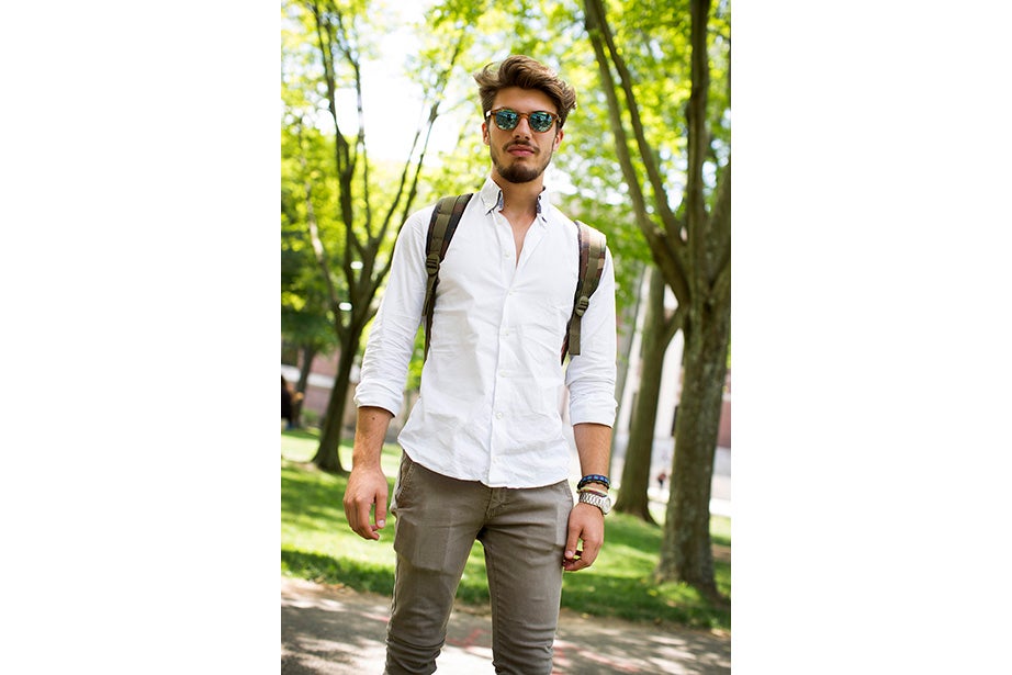 Matteo Mauti, an international summer student, brought European flair to Harvard Summer School. “This is an example of a classic look from Italy.” 