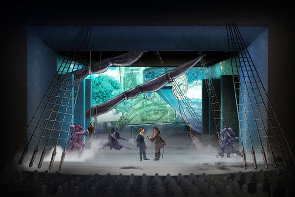 The A.R.T. will stage the premiere of “Finding Neverland.” Pictured is a rendering of the set (photo 1) for the new musical about the real-life genesis of J.M. Barrie’s “Peter Pan."  A.R.T. Artistic Director Diane Paulus (photo 2) sees Barrie as a kindred spirit, an artist willing to take chances and break the rules “for great things to happen.” Young actors met with Paulus during the show's workshop (photo 3).