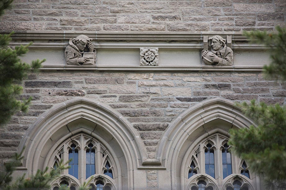 The central tower of Harvard Divinity School’s Andover Hall (1911) includes faces of the early Christian evangelists Matthew, Mark, Luke, and John.