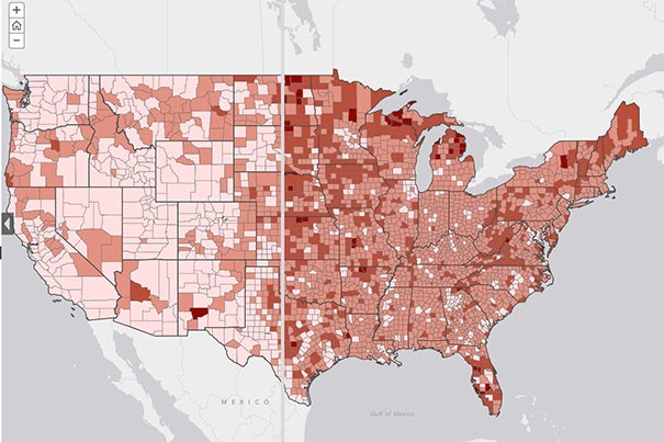 The split map shows the share of the U.S. county populations aged 50 and over (percent) in 1990 (left panel) and 2010 (right panel). A link to an interactive version of this map is included in the story.

