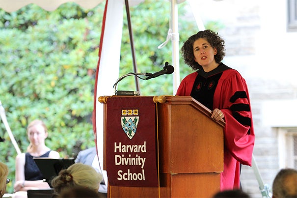 The School held its 199th Convocation as hundreds of incoming students, faculty in academic robes, and other HDS community members gathered under a tent on the Andover Hall lawn and listened to Harvard Professor Laura S. Nasrallah deliver her address, “The Matter of Religion and Theology.”
