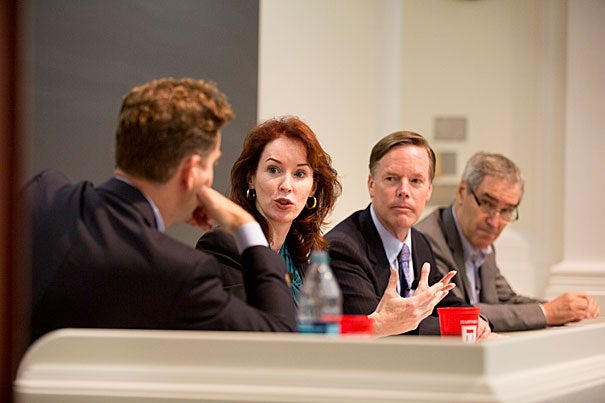 In a panel talk moderated by Harvard Law School Professor Noah Feldman (from left), Meghan O'Sullivan, Nicholas Burns, and Michael Ignatieff assessed the global threat now posed by the Sunni jihadist group known as the Islamic State of Iraq and the Levant (ISIL). 