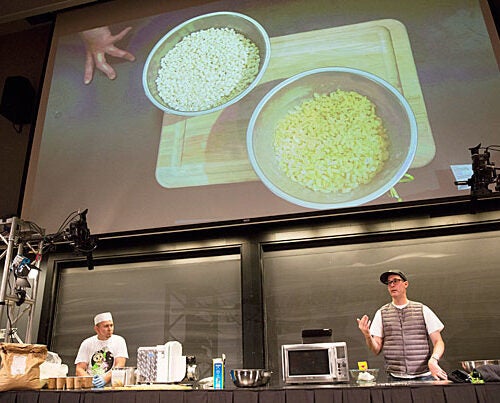 Chef Mark Ladner (right) and pasta maker Carlos Rodrigues churned out gluten-free pasta at a Science and Cooking lecture Monday night. 