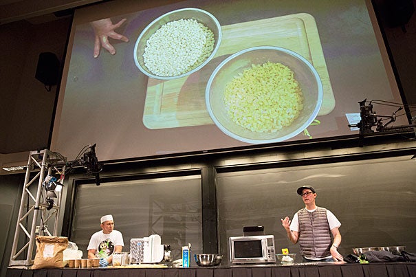 Chef Mark Ladner (right) and pasta maker Carlos Rodrigues churned out gluten-free pasta at a Science and Cooking lecture Monday night. 