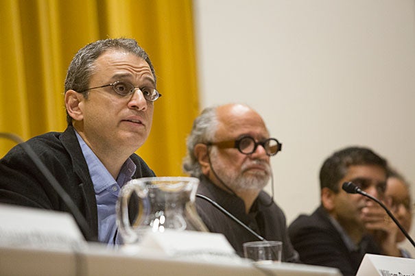 Mahindra Humanities Center Director Homi Bhabha (center) and Harvard College Dean Rakesh Khurana (right) were two panelists in conversation with William Deresiewicz (left), the author of “Excellent Sheep: The Miseducation of the American Elite and the Way to a Meaningful Life,”  an acidic assessment of top-tier universities, their students, and the admissions process.