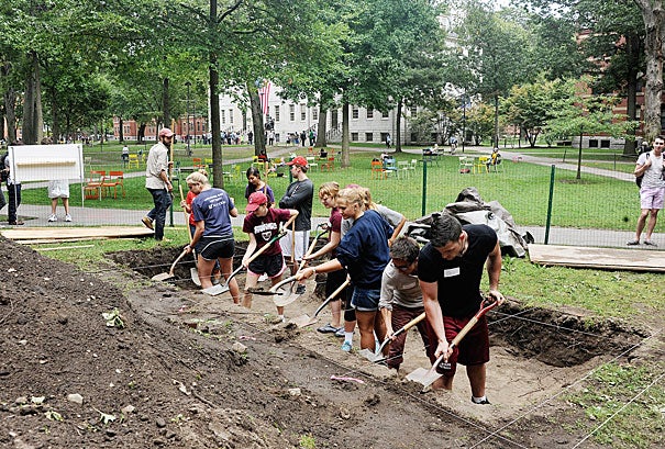 Harvard College student Matthew DeShaw participated in the 10th annual Harvard Yard dig (photo 1), alongside Jeffrey Zhao '16 and Matthew C. Gschwend '16 (photo 2), which DeShaw said turned up "a few pieces of coal, aggregates of rock, shards of glass, and an MBTA token" (photo 3).