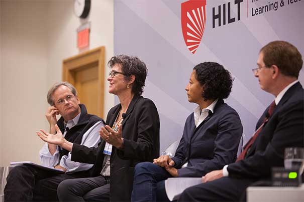 The opening faculty panel for HILT featured Harvard professors Lawrence Lessig (from left, photo 1), Melissa Franklin, Glenda Carpio, and was facilitated by David Garvin. Professor Stephen Blyth's (photo 2) breakout session was titled “Simulations, Games, and Instructional Design for Engagement.” The audience of 400 faculty and students was asked to confer with colleagues and submit one question as a result of the panel discussion (photo 3).