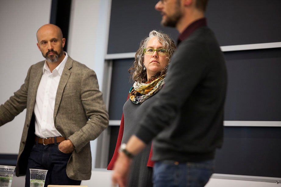 Scott King (from left), Turi McKinley, and Jon Freach from Frog Design speak to the class. Frog Design is among the top design firms that collaborate with Professor Srikant Datar during the semester.