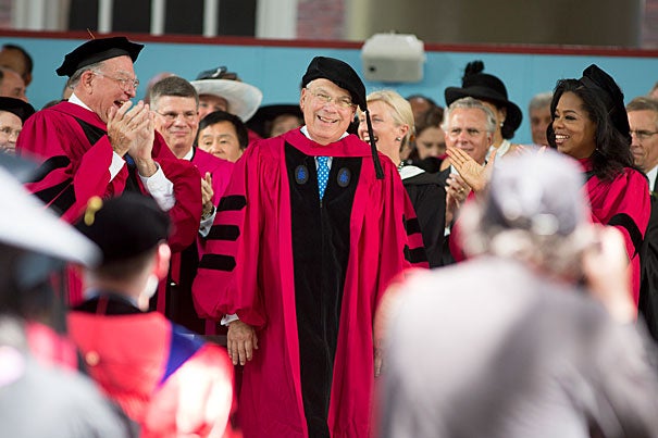 “No one I’ve known has personified Boston’s heart and soul, its drive and its resilience, more than Tom Menino,” said President Faust of the five-term mayor, shown at Commencement exercises in 2013.