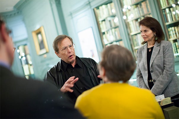 At Houghton Library, Academy Award-winning filmmaker William Friedkin (left) gifted Harvard with the original documents for “The Friedkin Connection.” Friedkin, director of “The Exorcist” and “The French Connection,” was joined by his wife, Sherry Lansing (right). Friedkin’s memoir materials mark a new kind of collection for Harvard — cinema memoir.