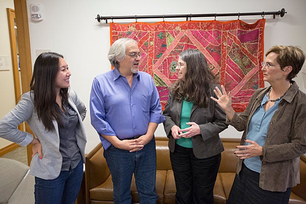 The Harvard Immigration and Refugee Clinical Program, which marked its 30th anniversary this year,  trains students to represent refugees seeking asylum in the U.S.  Julina Guo, HLS '14 (from left),  joins John Willshire Carrera, co-managing director of HIRC at Greater Boston Legal Services, HIRC co-director Nancy Kelly, and Deborah Anker, the program's director. 