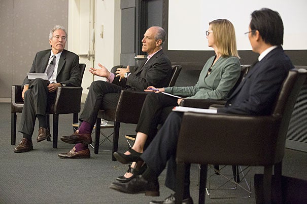 Harvard Art Museums Director Thomas W. Lentz (from left) moderated a discussion with MoMA Director Glenn Lowry, A.M. '78, Ph.D. '82, Elizabeth Cary Agassiz Professor of the Humanities Jennifer Roberts, and Paul Ha, director, List Visual Arts Center at MIT.