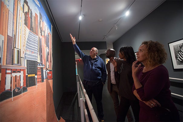 Jean Pigozzi (from left) discussed art from his collection on exhibit at the Cooper Gallery with co-curators David Adjaye, Mariane Ibrahim-Lenhardt, and the new gallery's director, Vera Grant.