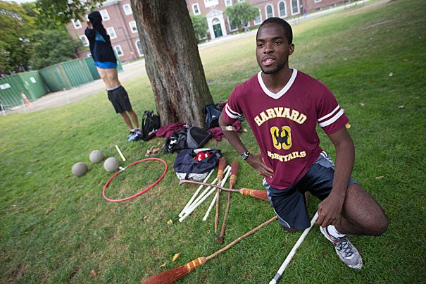 Ernest Afflu '15 practices quidditch, the only co-ed contact sport offered at Harvard and features a unique mix of elements from rugby, dodgeball, and handball. The practice took place at the MAC Quad at Harvard University. Kris Snibbe/Harvard Staff Photographer