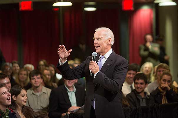 Following his prepared remarks, Vice President Joseph Biden cut loose, grabbing a handheld microphone and eagerly taking questions from students as he crisscrossed the room, town hall-style.
