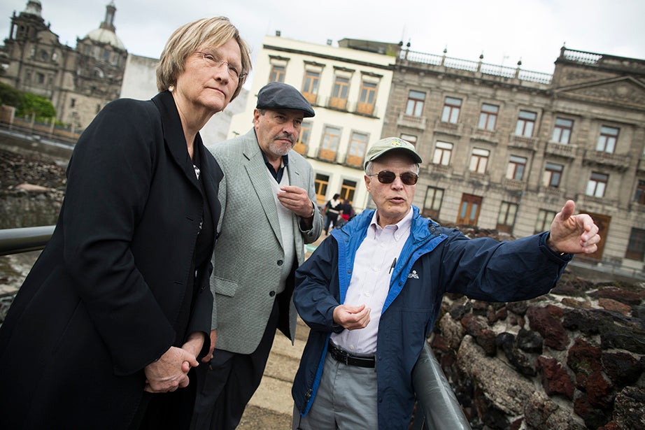 Drew Faust (from left), Museo del Templo Mayor Director Carlos Javier González, and Antonio Madero Professor for the Study of Mexico Jorge Domínguez tour the archaeological zone in Mexico City. Stephanie Mitchell/Harvard Staff Photographer