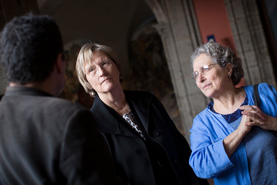 Drew Faust (left) and Clara Bargellini, Ph.D. ’74, are pictured at the Palacio Nacional. Stephanie Mitchell/Harvard Staff Photographer