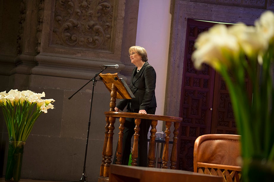 President Drew Faust makes her remarks. Stephanie Mitchell/Harvard Staff Photographer
