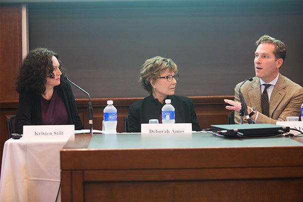 Harvard Law School’s Noah Feldman (from right) joined NPR correspondent Deborah Amos and Professor Kristen Stilt to discuss the fast-moving ideological evolution and spread of the ISIS in the Middle East.