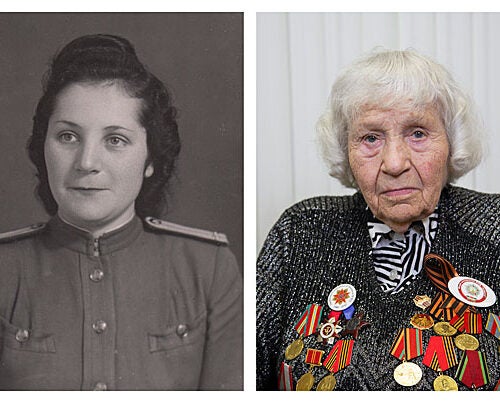 Klara Grigorievna Rinkina, now 91, served as a Red Army medic during what Russians still call the Great Patriotic War (photo 1). A postcard sent from the front in December 1943 by Ida Ferer to her mother, sharing that she received an Order of the Red Star Award (photo 2). Kiev infantry school cadet Semyon Rabovsky (laying down, center) with classmates, 1941 (photo 3).