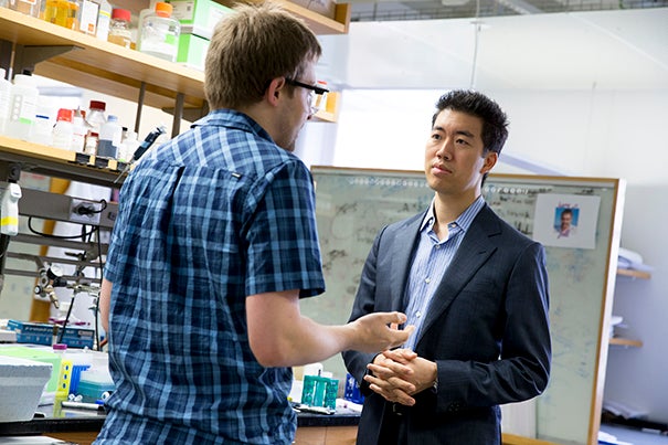 “We hope this approach to protein delivery will help connect where genome editing is now to where the field needs to be in order to realize the therapeutic potential of these proteins to address genetic diseases,” said David Liu (right), a professor of chemistry and chemical biology. Liu and a team of researchers, which included John Zuris (left), have already demonstrated that the technology can be used to modify genes in living animals.