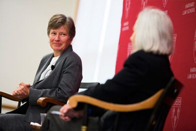 “The community is strongest when people are included and respected for who they are rather than locked out,” Glad director Mary Bonauto (left) told her Harvard Law School audience. Joining in the discussion was Dean Martha Minow, who said Bonauto is sometimes described as the "Thurgood Marshall of the same-sex marriage movement.” 