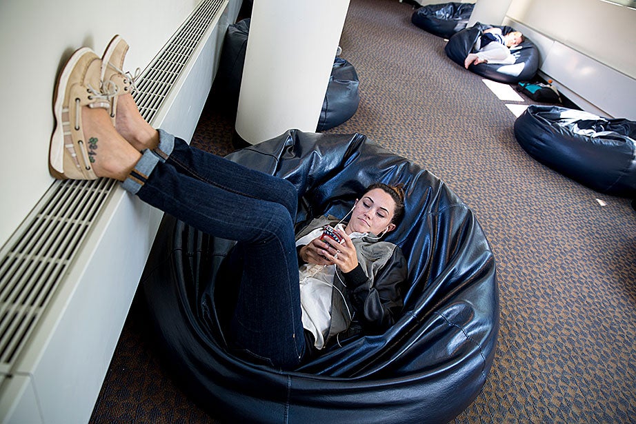 Kristin Bruner, an HLS staffer who works in Faculty Research & Information Delivery Assistance, comes to Beanbag Alley nearly every day during her break.