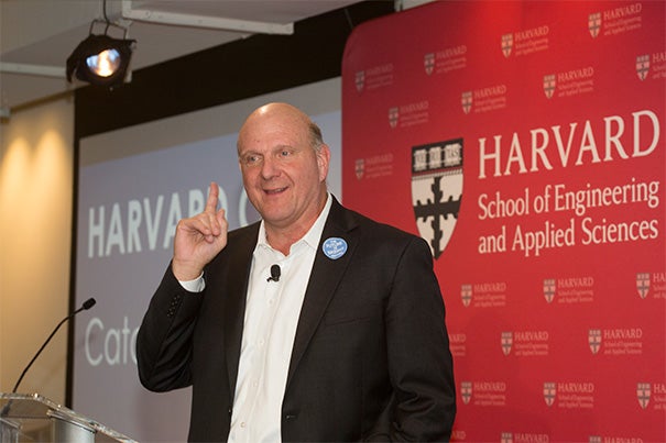 Steve Ballmer '77 (photo 1), together with President Drew Faust (photo 2), and SEAS Dean Cherry Murray, announced that the University will increase its computer science faculty by half. The increase is the result of financial backing by Ballmer. “In my opinion, leadership in computer science is fundamental to Harvard remaining the leading institution in education," Ballmer said during a press conference today. Ballmer attended David Malan's CS50 class at Sanders Theatre on Wednesday (photo 3), where he talked with students, later taking selfies from the stage.
