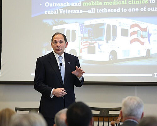 “I think the VA is heading in a new direction, and I would argue the right direction, and making progress,” U.S. Secretary of Veterans Affairs (VA) Robert McDonald told his Harvard Law School audience. Among ongoing issues, he described a “critical shortage” of doctors and nurses, and the need to provide better facilities for women.
