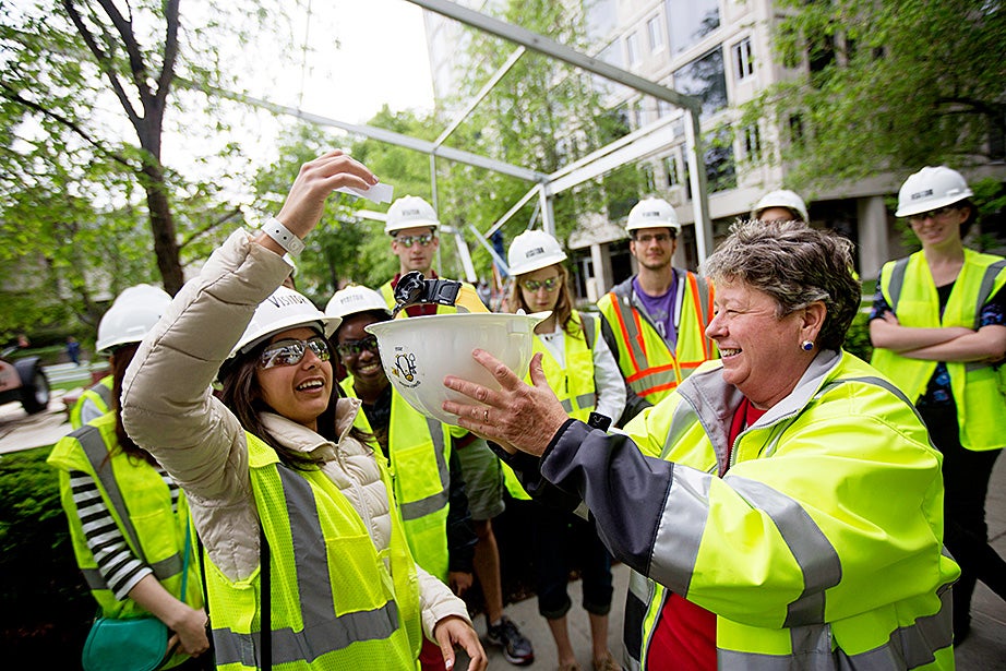 Faculty of Arts and Sciences Assistant Dean Merle Bicknell (right) led a tour of the Leverett House renewal construction site back in May. Bicknell received valuable renovation input from residents like Sarah Abushaar ’14 (left). Kris Snibbe/Harvard Staff Photographer