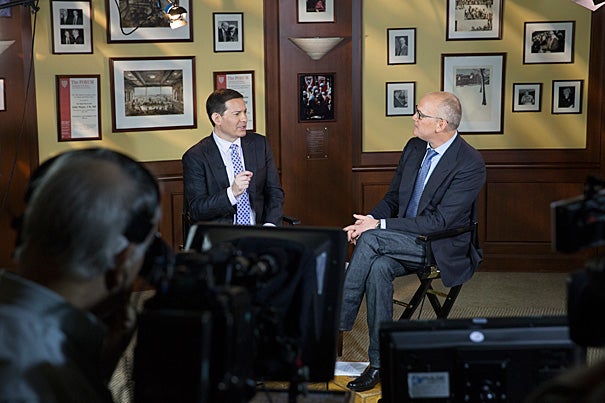 Before veteran reporters Mark Halperin (left) and John Heilemann gave the 2014 Theodore H. White Lecture at the Harvard Kennedy School, they first broadcast their show for Bloomberg TV, “With All Due Respect,” from HKS's Allison Dining Room.
