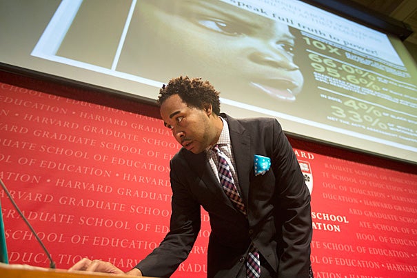 David J. Johns, executive director of the White House Initiative on Educational Excellence for African Americans speaks about "Closing the Gap: African American Educational Excellence" inside the  Askwith Forum at Longfellow Hall at Harvard University. Kris Snibbe/Harvard Staff Photographer THIS