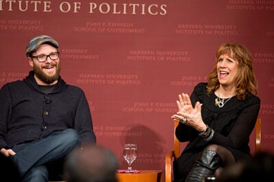 Seth Rogen, (left) actor, comedian and filmmaker;  Lizz Winstead, comedian, radio, and television personality; co-creator of ìThe Daily Show; and Alexis Wilkinson, '15 (moderator--not pictured), president, Harvard Lampoon talked about Politics & Humor at the Harvard University Kennedy School  Rose Lincoln/Harvard Staff Photographer