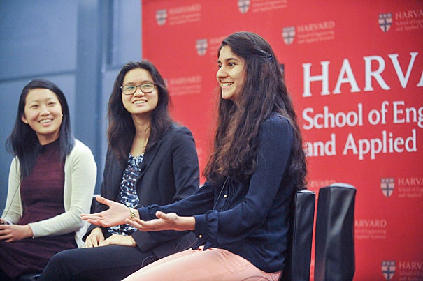 The School of Engineering and Applied Sciences hosted an event celebrating women in computer science and a commemoration of the Grace Hopper’s birthday with a panel of female students including JN Fang '16, Ruth Fong '15, and Zehra Naz '15 (from left, photo 1), who discussed their earliest interest in and exposure to computer science with SEAS Professor Margo Seltzer ’83 (photo 2). Aspen Institute CEO and Harvard Overseer Walter Isaacson '74 (photo 3) was also on hand to discuss Hopper’s legacy.