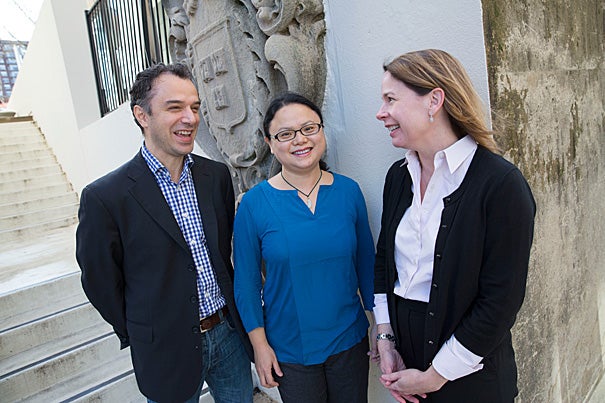 Junior Harvard faculty members Giuseppe Intini (from left), Yanmei Tie, and Mary Beth Son are among a number of recipients of a unique fellowship that aims to help budding scientists, already wrestling with knotty scientific problems, also navigate life’s complexities.