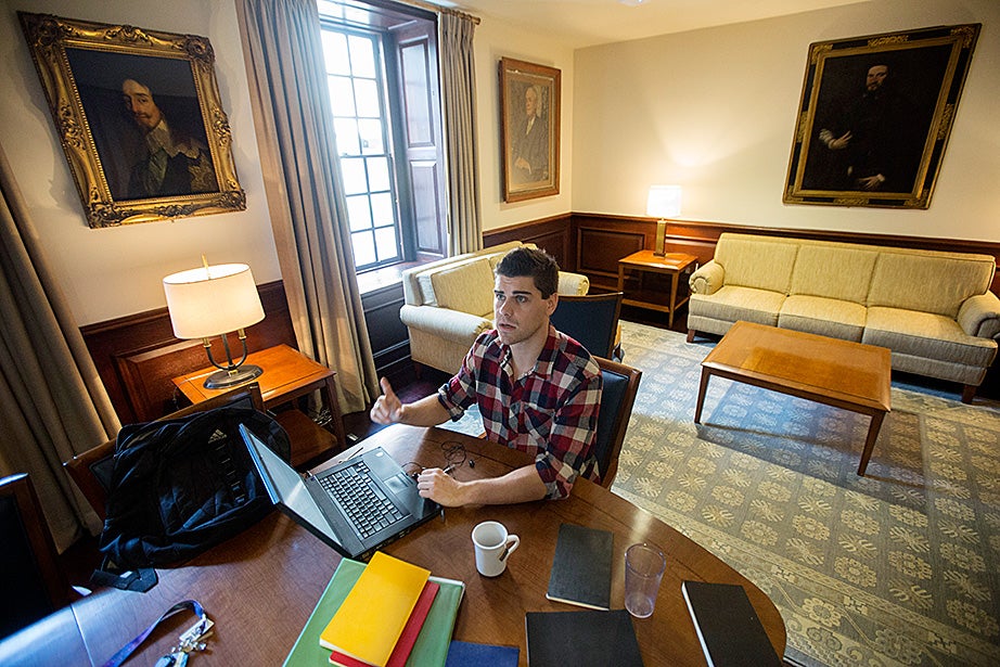 Jason Light ’15 studies inside McKinlock Hall. “The House renewal did an amazing job of finding that balance between the social and studious parts of a student’s schedule. I can do my studying in one of the many common spaces around the building one moment, and then head downstairs to play a quick game of pool the next,” said Light. Kris Snibbe/Harvard Staff Photographer