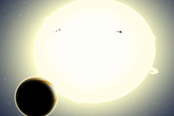This artist's conception portrays the first planet discovered by the Kepler spacecraft during its K2 mission. A transit of the planet was teased out of K2's noisier data using computer algorithms developed by a CfA researcher. The newfound planet, HIP 116454b, has a diameter of 20,000 miles (2½ times the size of Earth) and weighs 12 times as much as Earth. It orbits its star once every 9.1 days.