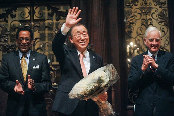 “The world needs you to use what you acquire here, not to perpetuate the status quo, but to be part of the transformation the world so urgently needs,” said United Nations Secretary-General Ban Ki-moon (center), pictured here with Harvard Foundation Director S. Allen Counter (left) and Harvard President Emeritus Derek C. Bok. Ban received the 2014 Harvard Humanitarian of the Year award.