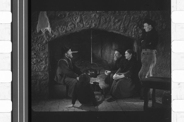 “Oidhche Sheanchais” (“A Night of Storytelling”) by pioneer film documentarian Robert J. Flaherty used a hearthside set and featured the cast of “Man of Aran” (1935). The only known print of the 1935 short, the first “talkie” in Gaelic, was rediscovered at Houghton Library, restored, and will have its U.S. premiere during “The Lost Worlds of Robert Flaherty,” a Jan. 30–March 1 Harvard Film Archive series.
