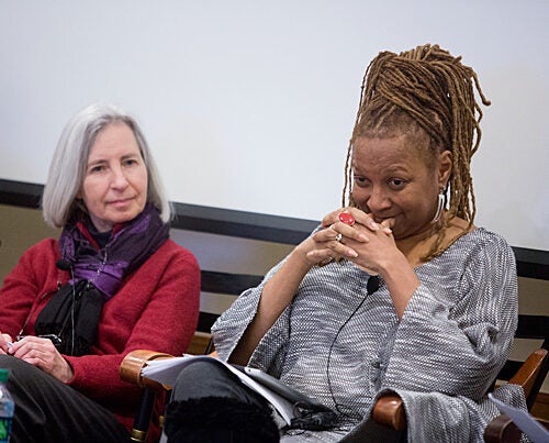 The death of two unarmed black men by white officers in Missouri and New York raised questions in every corner of  Harvard University. A shift from protests to calls for discussion prompted events across campus. A Harvard Law School symposium, “Law School or Justice School: Connecting the Dots Between Harvard and Ferguson,” was held in February. Dean Martha Minow (left, photo 1) and Kimberlé Crenshaw, Distinguished Professor of Law UCLA, addressed a capacity crowd at the event (photo 2). A fall panel at Harvard Kennedy School, convened by Professor Charles Ogletree (left, photo 3), reflected on the broad social, legal, and political issues raised by the protests in Ferguson, Mo.