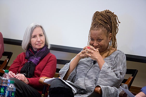 The death of two unarmed black men by white officers in Missouri and New York raised questions in every corner of  Harvard University. A shift from protests to calls for discussion prompted events across campus. A Harvard Law School symposium, “Law School or Justice School: Connecting the Dots Between Harvard and Ferguson,” was held in February. Dean Martha Minow (left, photo 1) and Kimberlé Crenshaw, Distinguished Professor of Law UCLA, addressed a capacity crowd at the event (photo 2). A fall panel at Harvard Kennedy School, convened by Professor Charles Ogletree (left, photo 3), reflected on the broad social, legal, and political issues raised by the protests in Ferguson, Mo.